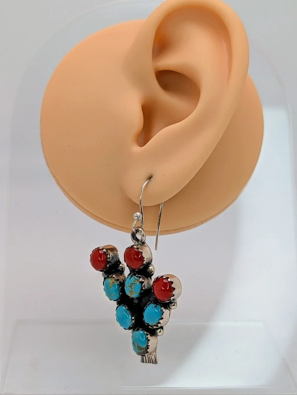 Kingman Turquoise & Coral S925 Sterling Silver Cactus Dangle Earrings